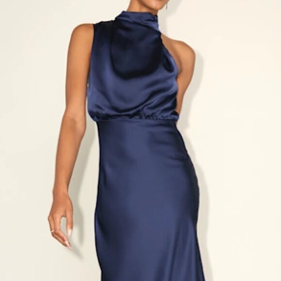 Lulus Navy Satin Asymmetrical Midi Dress - Picture 1 of 9